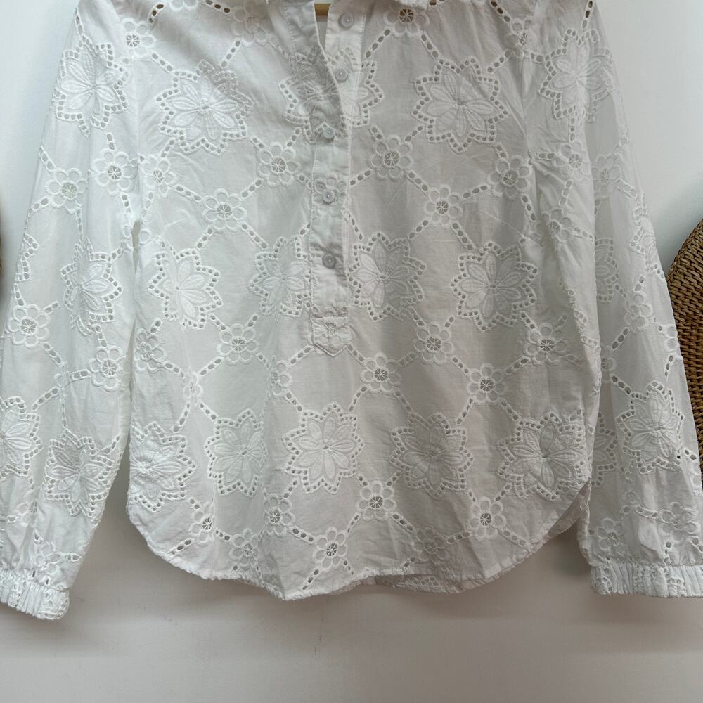 Talbots White Floral Eyelet Partial Button Neck C… - image 5